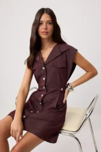 TRENDYOLMİLLA Dark Burgundy Plain Pocket Detail Short / Mini Weaving Dress - Image 2