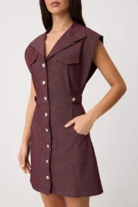 TRENDYOLMİLLA Dark Burgundy Plain Pocket Detail Short / Mini Weaving Dress - Image 3