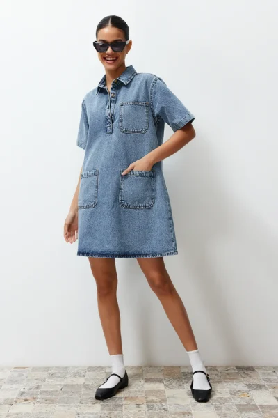 TRENDYOLMİLLA Mavi Pocket Detail Oversized Mini denim Shirt Dress