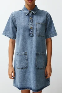 TRENDYOLMİLLA Mavi Pocket Detail Oversized Mini denim Shirt Dress - Image 4