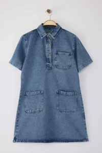 TRENDYOLMİLLA Mavi Pocket Detail Oversized Mini denim Shirt Dress - Image 7