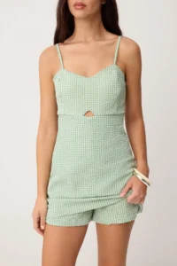 TRENDYOLMİLLA Green Checkered Pencere Detailed Sleeveless Mini Weaving Jumpsuit - Image 3
