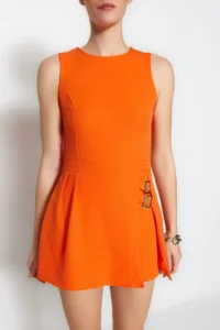 TRENDYOLMİLLA Orange Mini Shorts Etekli Belt Detailed Weaving Jumpsuit - Image 6