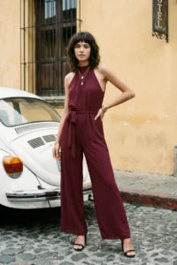TRENDYOLMİLLA Burgundy Belted Maxi Siphon Lined Weaving Jumpsuit