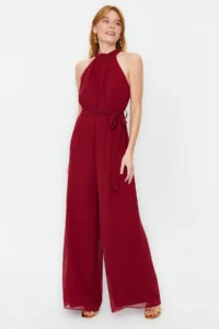 TRENDYOLMİLLA Burgundy Belted Maxi Siphon Lined Weaving Jumpsuit - Image 2