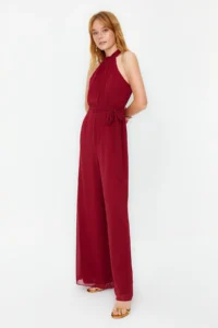 TRENDYOLMİLLA Burgundy Belted Maxi Siphon Lined Weaving Jumpsuit - Image 3