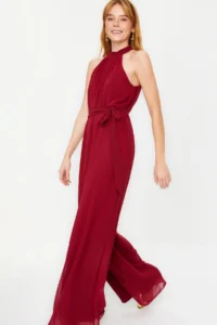 TRENDYOLMİLLA Burgundy Belted Maxi Siphon Lined Weaving Jumpsuit - Image 4