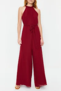 TRENDYOLMİLLA Burgundy Belted Maxi Siphon Lined Weaving Jumpsuit - Image 5