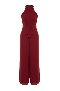 TRENDYOLMİLLA Burgundy Belted Maxi Siphon Lined Weaving Jumpsuit - Image 8