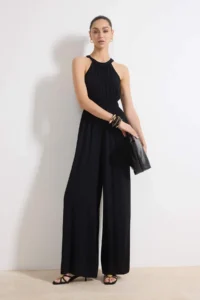 TRENDYOLMİLLA Black Waist Drawstring Detailed Wide Leg Maxi Weaving Jumpsuit