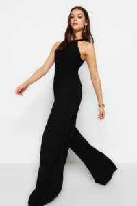 TRENDYOLMİLLA Black Waist Drawstring Detailed Wide Leg Maxi Weaving Jumpsuit - Image 5