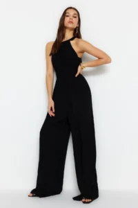 TRENDYOLMİLLA Black Waist Drawstring Detailed Wide Leg Maxi Weaving Jumpsuit - Image 6
