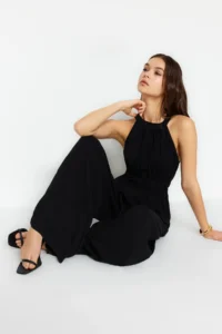 TRENDYOLMİLLA Black Waist Drawstring Detailed Wide Leg Maxi Weaving Jumpsuit - Image 7