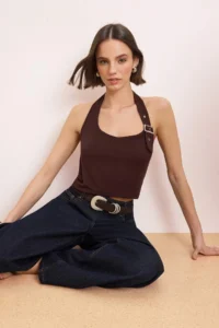 TRENDYOLMİLLA Brown Barbell Neck Belt Detailed Fitted/Body-Sitting Knitting Blouse - Image 2