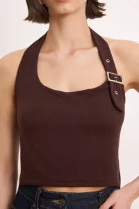 TRENDYOLMİLLA Brown Barbell Neck Belt Detailed Fitted/Body-Sitting Knitting Blouse - Image 3