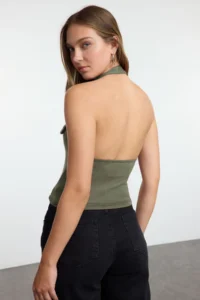 TRENDYOLMİLLA Khaki Barbell Neck Belt Detailed slim Knitting Blouse - Image 4