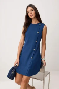 TRENDYOLMİLLA Navy Blue Plain A Cut buttoned Short / Mini Weaving Dress - Image 2