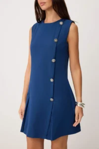 TRENDYOLMİLLA Navy Blue Plain A Cut buttoned Short / Mini Weaving Dress - Image 3