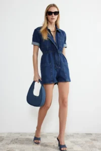 TRENDYOLMİLLA DARK BLUE Elastic Waist DENIM Romper