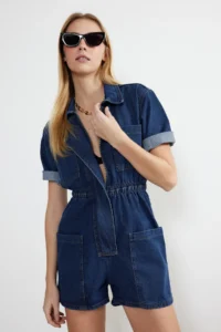 TRENDYOLMİLLA DARK BLUE Elastic Waist DENIM Romper - Image 3