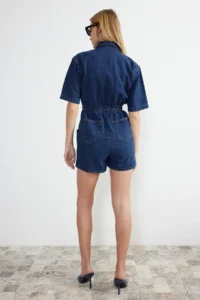 TRENDYOLMİLLA DARK BLUE Elastic Waist DENIM Romper - Image 6