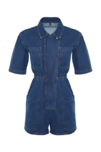 TRENDYOLMİLLA DARK BLUE Elastic Waist DENIM Romper - Image 7