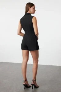 TRENDYOLMİLLA Black Jacket Collar Button Closure Mini Jumpsuit - Image 5