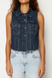 TRENDYOLMİLLA DARK BLUE More Sustainable Crop DENIM Vest - Image 5