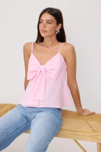 TRENDYOLMİLLA Pink linen look Fiyonk Detailed Sleeveless Weaving Bottom&Top Blouse - Image 2
