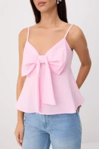 TRENDYOLMİLLA Pink linen look Fiyonk Detailed Sleeveless Weaving Bottom&Top Blouse - Image 3