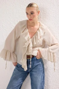 TRENDYOLMİLLA Beige Frilly Bohem Thin Cotton Material Long Sleeve Weaving Blouse - Image 2
