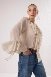 TRENDYOLMİLLA Beige Frilly Bohem Thin Cotton Material Long Sleeve Weaving Blouse - Image 3