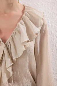TRENDYOLMİLLA Beige Frilly Bohem Thin Cotton Material Long Sleeve Weaving Blouse - Image 4