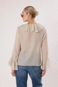 TRENDYOLMİLLA Beige Frilly Bohem Thin Cotton Material Long Sleeve Weaving Blouse - Image 5