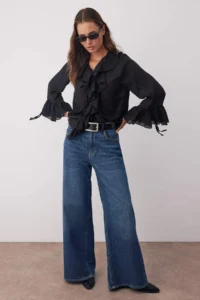 TRENDYOLMİLLA Black Frilly Bohem Thin Cotton Material Long Sleeve Weaving Blouse - Image 2