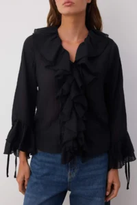 TRENDYOLMİLLA Black Frilly Bohem Thin Cotton Material Long Sleeve Weaving Blouse - Image 3