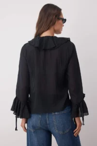 TRENDYOLMİLLA Black Frilly Bohem Thin Cotton Material Long Sleeve Weaving Blouse - Image 4