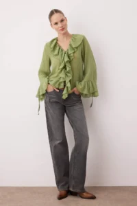 TRENDYOLMİLLA Green Frilly Bohem Thin Cotton Material Long Sleeve Weaving Blouse