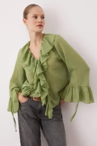 TRENDYOLMİLLA Green Frilly Bohem Thin Cotton Material Long Sleeve Weaving Blouse - Image 2