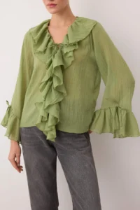 TRENDYOLMİLLA Green Frilly Bohem Thin Cotton Material Long Sleeve Weaving Blouse - Image 3