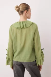 TRENDYOLMİLLA Green Frilly Bohem Thin Cotton Material Long Sleeve Weaving Blouse - Image 4