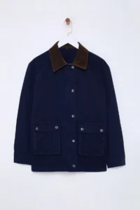 TRENDYOLMİLLA DARK BLUE Contrast Suede Collar Oversized DENIM Shirt Jacket - Image 6