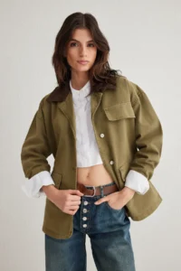 TRENDYOLMİLLA Khaki Contrast Ribbed Collar Pocket Cover Detailed Oversized DENIM Shirt Jacket