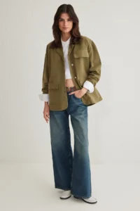 TRENDYOLMİLLA Khaki Contrast Ribbed Collar Pocket Cover Detailed Oversized DENIM Shirt Jacket - Image 2