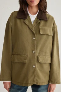 TRENDYOLMİLLA Khaki Contrast Ribbed Collar Pocket Cover Detailed Oversized DENIM Shirt Jacket - Image 3