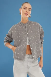 TRENDYOLMİLLA Gray flower patterned Oversized DENIM Bomber Jacket Jacket