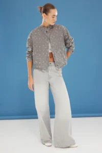 TRENDYOLMİLLA Gray flower patterned Oversized DENIM Bomber Jacket Jacket - Image 2