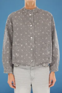 TRENDYOLMİLLA Gray flower patterned Oversized DENIM Bomber Jacket Jacket - Image 3