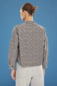 TRENDYOLMİLLA Gray flower patterned Oversized DENIM Bomber Jacket Jacket - Image 5