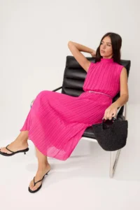 TRENDYOLMİLLA Fuchsia Arched Plain Plain Cut pleated Midi  Weaving Dress